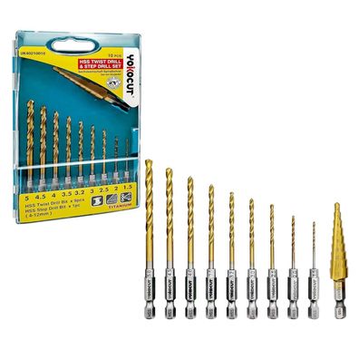 Yokocut 10-tlg Titan HSS Bohrerset mit Sechskantschaft, 1,5-5 mm & Stufenbohrer