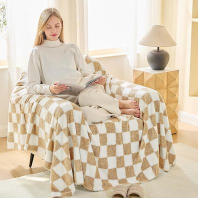 EMME Kuscheldecke Sherpa Kariert, Weiche Warme Wolldecke/Fleecedecke, Beige