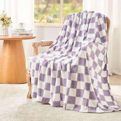 EMME Sherpa Kuscheldecke kariert, weich und warm, für Sofa & Couch, Lavendel