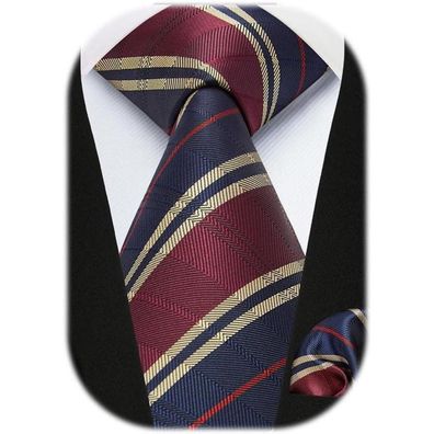 Hisdern Herren Krawatte und Einstecktuch Set - Gestreift, Marineblau/Burgundy