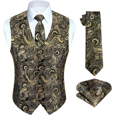 Hisdern Herren Weste Krawatte Einstecktuch Set Jacquard Floral Gold & Schwarz