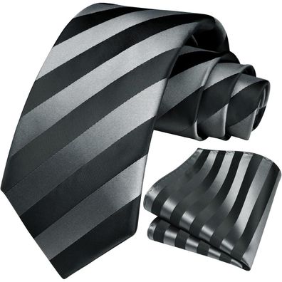 Hisdern Herren Krawatte & Einstecktuch Set - Gestreift Grau/Schwarz für