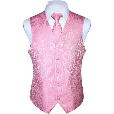 Hisdern Herren Weste Krawatte Einstecktuch Set Jacquard Floral Rosa 6XL