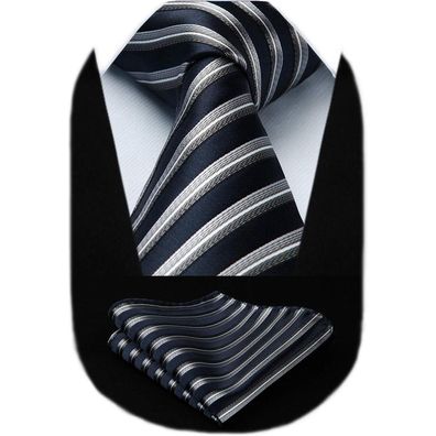 Hisdern Herren Krawatte und Einstecktuch Set - Gestreift Marineblau Grau für