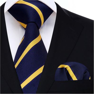 Hisdern Herren Gestreifte Krawatte & Einstecktuch Set - Gelb, Navy & Schwarz