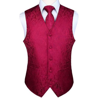 Hisdern Herren Weste Krawatte Einstecktuch Set Jacquard Floral Rotwein für