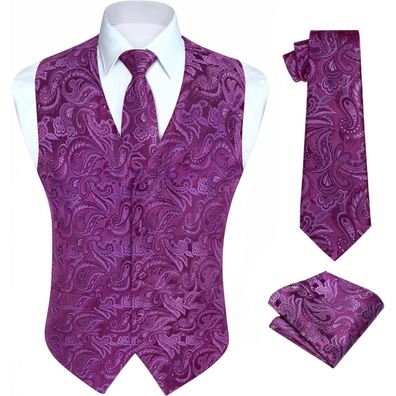 Hisdern Herren Weste Krawatte Einstecktuch Set Jacquard Lila-3 Gr. XL für
