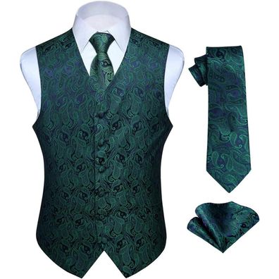Hisdern Herren Floral Jacquard Weste Krawatte Einstecktuch Set - Grün & Lila