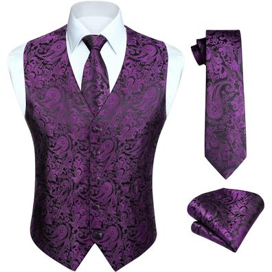 Hisdern Herren Floral Jacquard Weste Krawatte Einstecktuch Set - Violett L