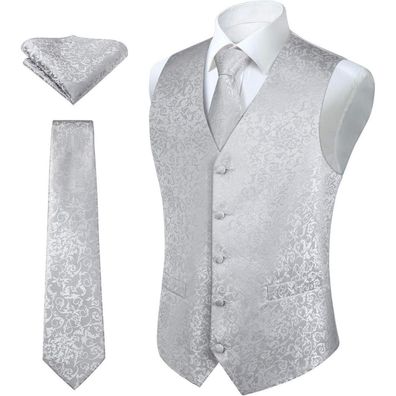 Hisdern Herren Weste Krawatte Einstecktuch Set Jacquard Silber-grau Floral für