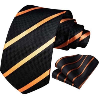 Hisdern Herren Krawatte & Einstecktuch Set - Gestreift, Orange/Schwarz, für