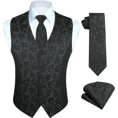 Hisdern Herren Jacquard Blumenmuster Weste Krawatte Einstecktuch Set für