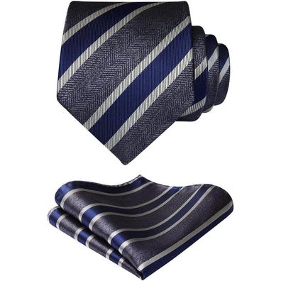 Hisdern Herren Krawatte & Einstecktuch Set - Gestreift, Grau & Marineblau, für