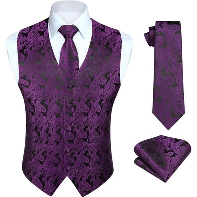 Hisdern Herren Floral Jacquard Anzug Weste Krawatte Einstecktuch Set L Lila-2