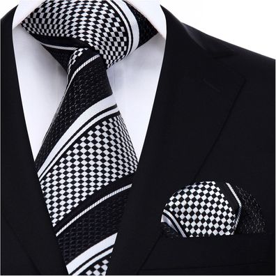 Hisdern Herren Krawatte und Einstecktuch Set - Gestreift Schwarz-Weiss für