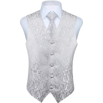 Hisdern Herren Floral Jacquard Weste Krawatte Einstecktuch Set - Weiß, XL