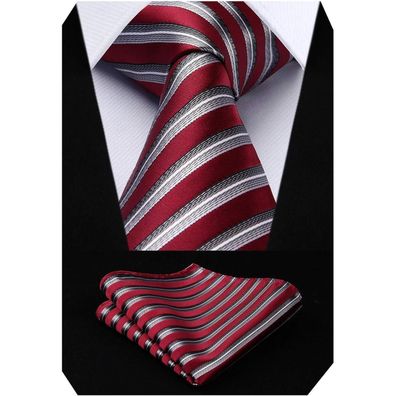 Hisdern Herren Krawatte und Einstecktuch Set Gestreift Rot & Grau für Hochzeit