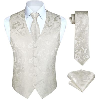 Hisdern Herren Floral Jacquard Weste Krawatte Einstecktuch Set 3XL Beige