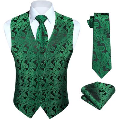 Hisdern Herren Weste Krawatte Einstecktuch Set Jacquard Floral Hochzeit Grün 3XL