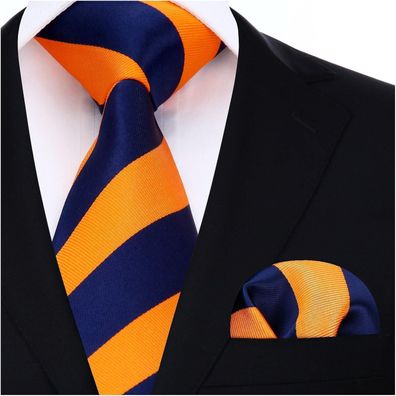 Hisdern Herren Krawatte & Einstecktuch Set - Gestreift, Marineblau/Orange, für