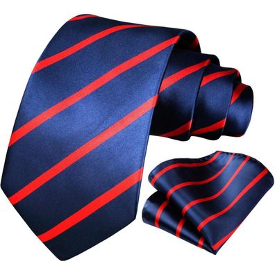 Hisdern Herren Krawatte und Einstecktuch Set - Gestreift, Rot & Marineblau
