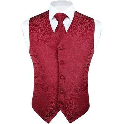 Hisdern Herren Floral Jacquard Weste Krawatte Einstecktuch Set - Burgunder XS