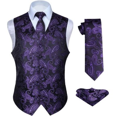 Hisdern Herren Weste Krawatte Einstecktuch Set XL Lila & Schwarz Jacquard