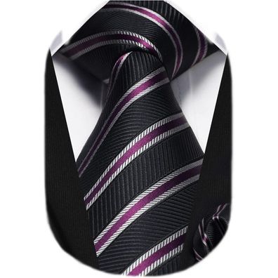 Hisdern Herren Krawatte und Einstecktuch Set - Gestreift, Schwarz/Lila, für