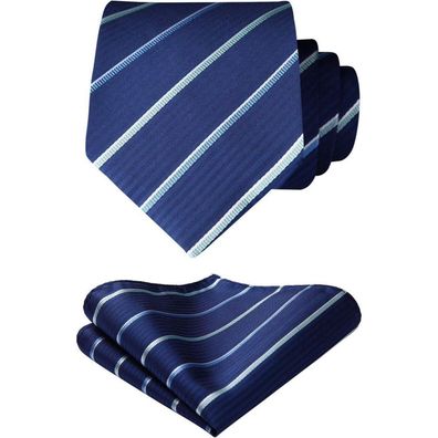 Hisdern Herren Krawatte & Einstecktuch Set S01 Marineblau-10 - Gestreifte