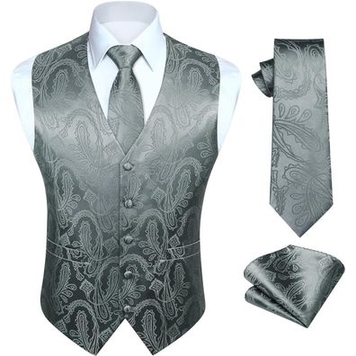 Hisdern Herren Jacquard Weste Krawatte Einstecktuch Set Dunkelgrau-N Floral