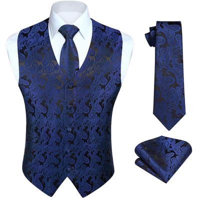 Hisdern Herren Weste Krawatte Einstecktuch Set Marineblau & Schwarz Jacquard