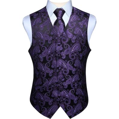 Hisdern Herren Lila & Schwarz Floral Jacquard Weste Krawatte Einstecktuch Set