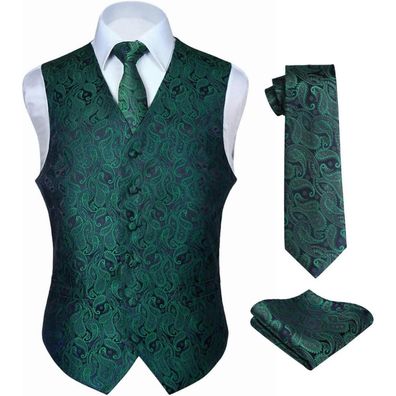 Hisdern Herren Floral Hochzeit Weste Krawatte Einstecktuch Set Jacquard Grün