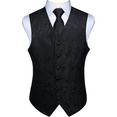 Hisdern Herren Jacquard Weste Krawatte Einstecktuch Set 5XL Schwarz-2 Floral