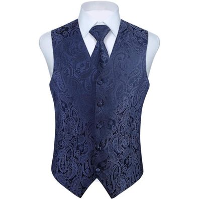 Hisdern Herren Weste Krawatte Einstecktuch Set Jacquard Floral Marineblau M
