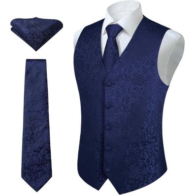 Hisdern Herren Weste Krawatte Einstecktuch Set Marineblau Jacquard Floral für