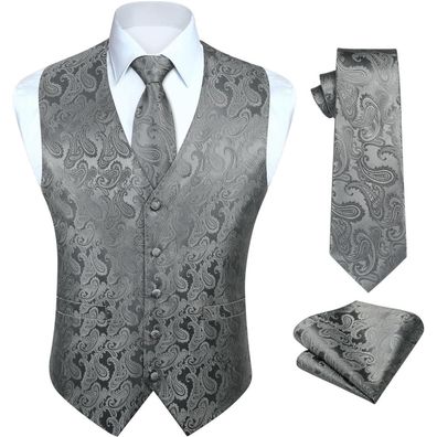 Hisdern Herren Floral Jacquard Weste Krawatte Einstecktuch Set Grau L