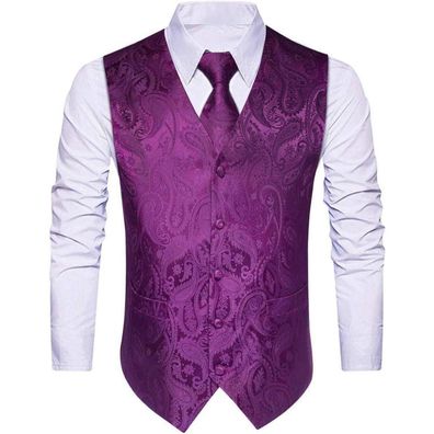 Hisdern Herren Lila Floral Jacquard Anzug Weste Krawatte Einstecktuch Set XXL