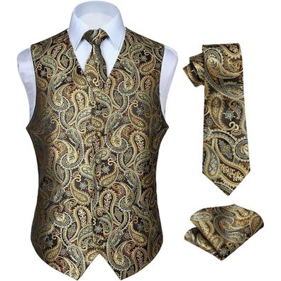 Hisdern Herren Floral Hochzeit Weste Krawatte Einstecktuch Set Jacquard Gold 3XL