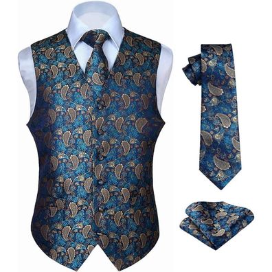 Hisdern Herren Jacquard Weste Krawatte Einstecktuch Set, Floral Aqua & Braun