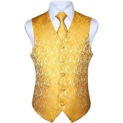 Hisdern Herren Weste Krawatte Einstecktuch Jacquard Anzug Set L Dunkel Gelb