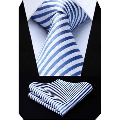 Hisdern Herren Krawatten- und Einstecktuch-Set, gestreift, Blau, S01 - Perfekt