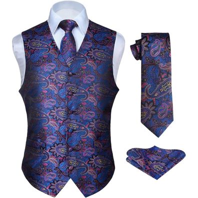 Hisdern Herren Floral Jacquard Weste Krawatte Einstecktuch Set Blau & Rosa