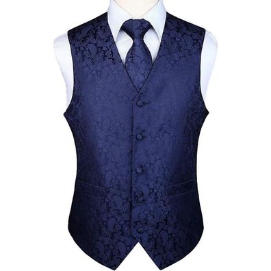 Hisdern Herren Weste Krawatte Einstecktuch Set XL Marineblau Jacquard Floral