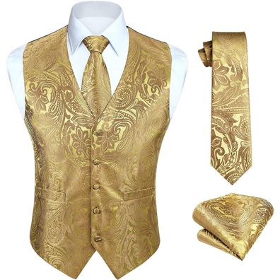 Hisdern Herren Floral Hochzeit Weste Krawatte Einstecktuch Set Jacquard Gelb S