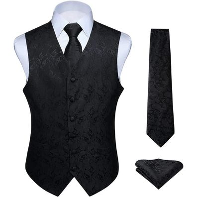 Hisdern Herren Jacquard Weste Krawatte Einstecktuch Set Floral Hochzeit XL