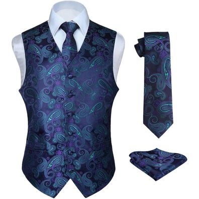 Hisdern Herren Weste Krawatte Einstecktuch Set 4XL Lila & Grün Jacquard Floral