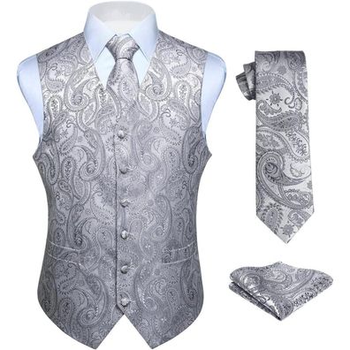 Hisdern Herren Jacquard Weste Krawatte Einstecktuch Set - Floral Grau