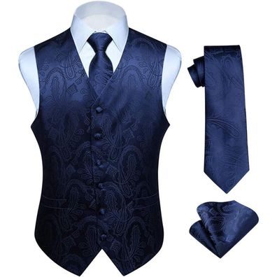 Hisdern Herren Weste Krawatte Einstecktuch Set Floral Jacquard Navy Blau 100