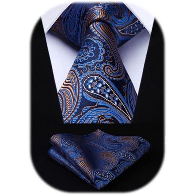 Hisdern Herren Krawatte mit Einstecktuch Set - Blau & Braun Paisley Formell